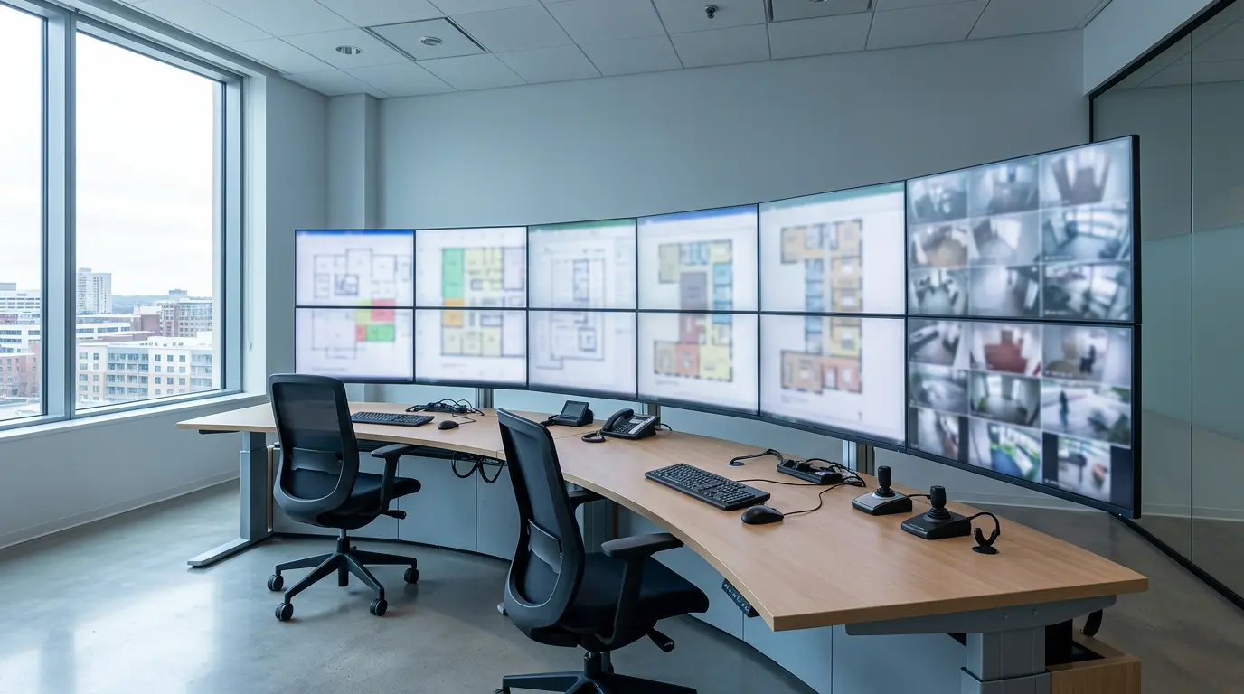 Stanowisko operatora ochrony ze ścianą monitorów platformy Genetec